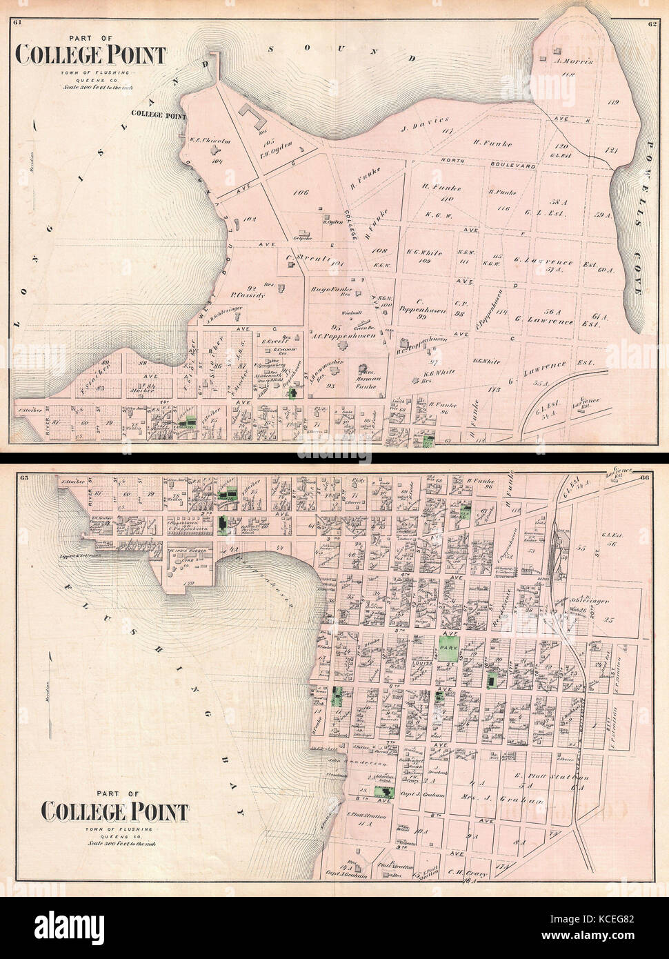 1873, Bier Karte von College Point, Queens, New York City, Set mit 2 Karten Stockfoto