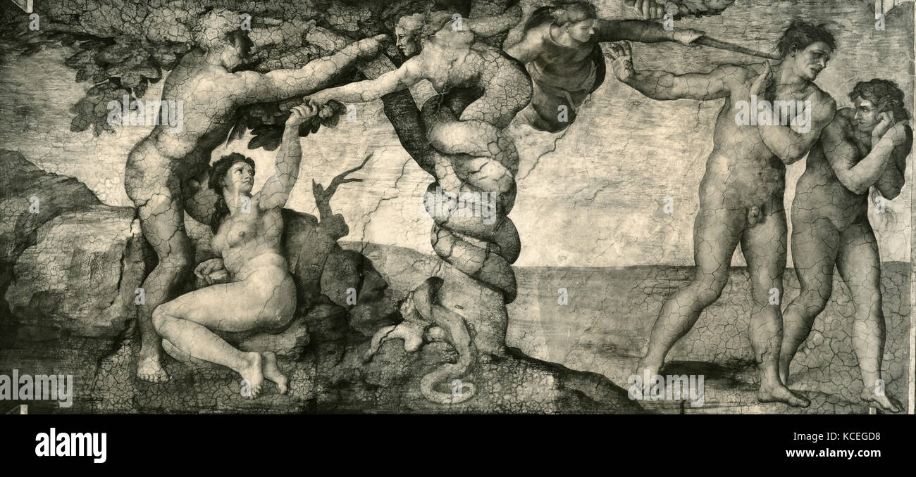Die ursprüngliche Sünde, Fresko von Michelangelo, Sixtinische Kapelle Stockfoto