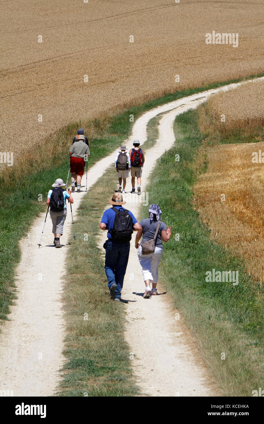 LA ROMIEU, FRANKREICH, 24. Juni 2015 : EINE Gruppe von Pilgern geht auf dem Weg der Chemins de Compostelle. Pilgerfahrt nach Santiago de Compostela war Stockfoto