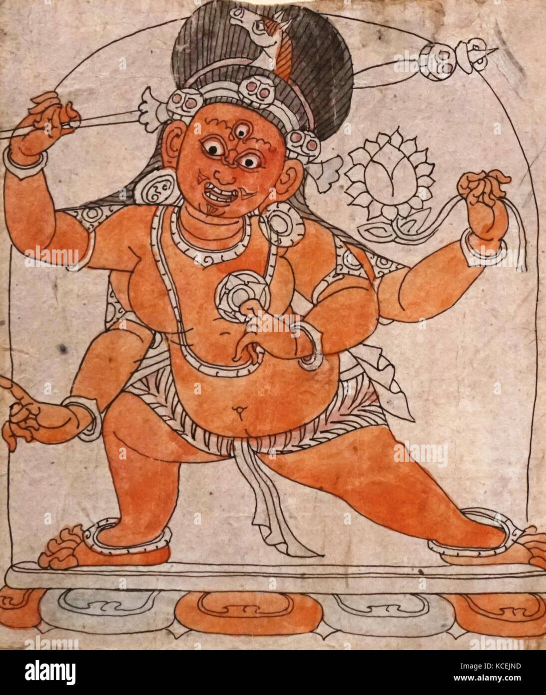 Weihe Zeichnung mit der Darstellung der Gautama Buddha, auch bekannt als Siddharta Gautama Shakyamuni Buddha, auf dessen Lehren Buddhismus gegründet wurde., 1450-1600 AD. in einer nepalesischen Stil gezeichnet. Papier, Tinte und Wasserfarben Tibet Stockfoto