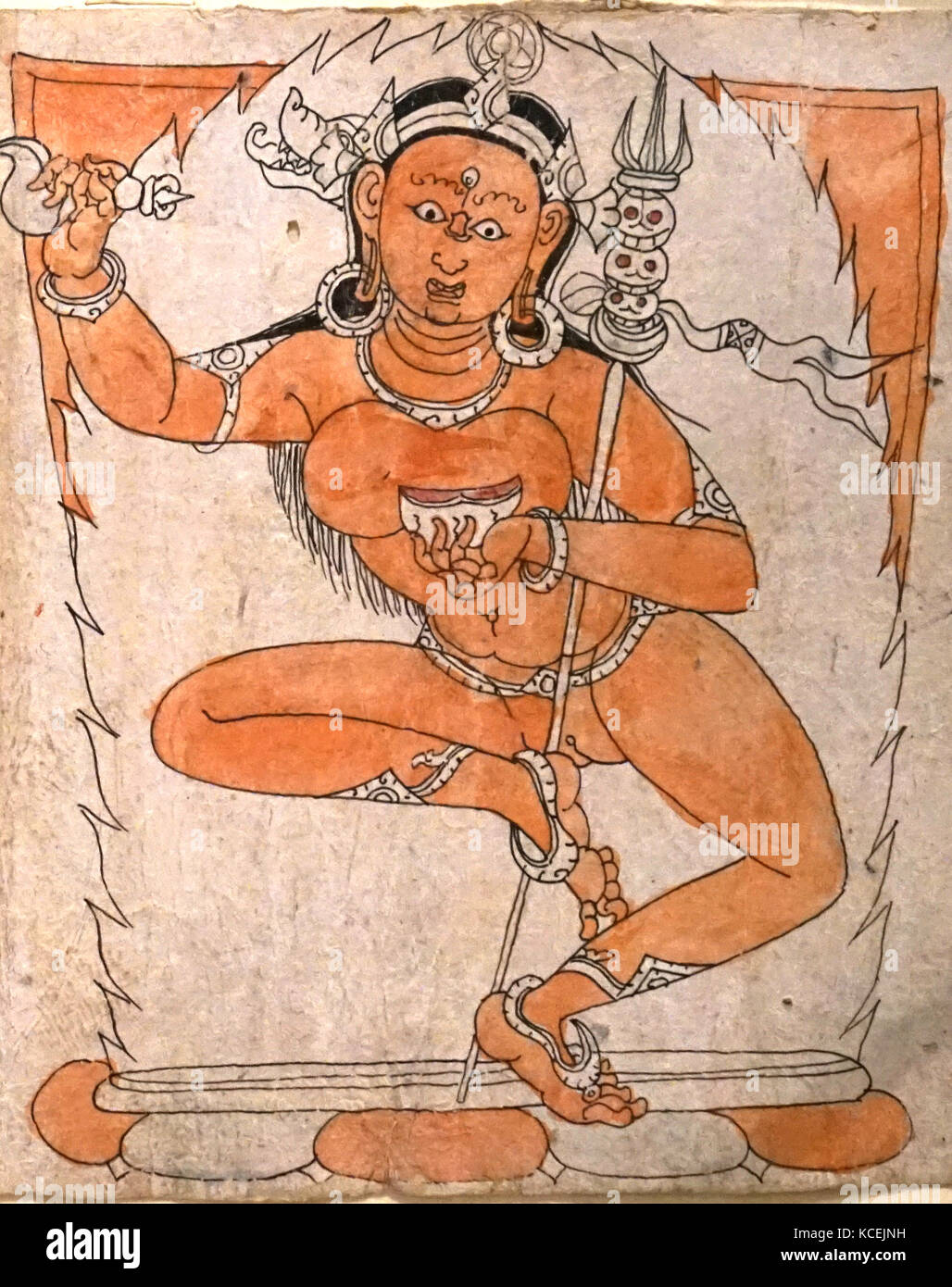 Weihe Zeichnung mit der Darstellung der Gautama Buddha, auch bekannt als Siddharta Gautama Shakyamuni Buddha, auf dessen Lehren Buddhismus gegründet wurde., 1450-1600 AD. in einer nepalesischen Stil gezeichnet. Papier, Tinte und Wasserfarben Tibet Stockfoto