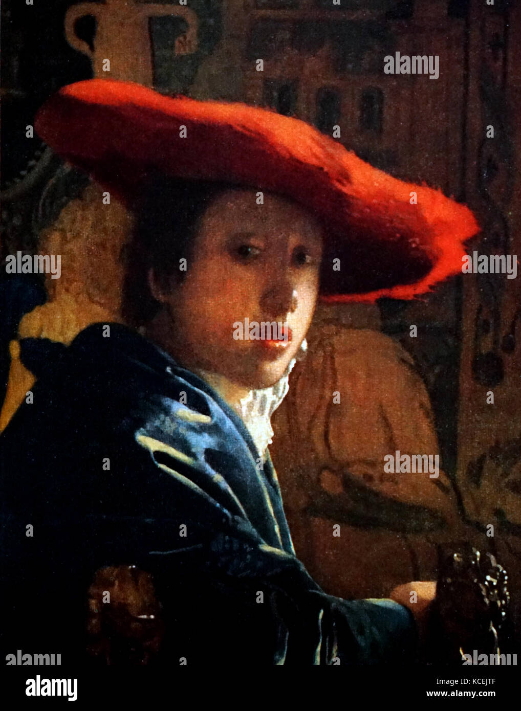 Mädchen mit einem Red Hat 1666; durch den holländischen Maler Johannes Vermeer. Öl auf Leinwand. Johannes, Jan oder Johan Vermeer (1632 - 1675) war ein niederländischer Maler Stockfoto