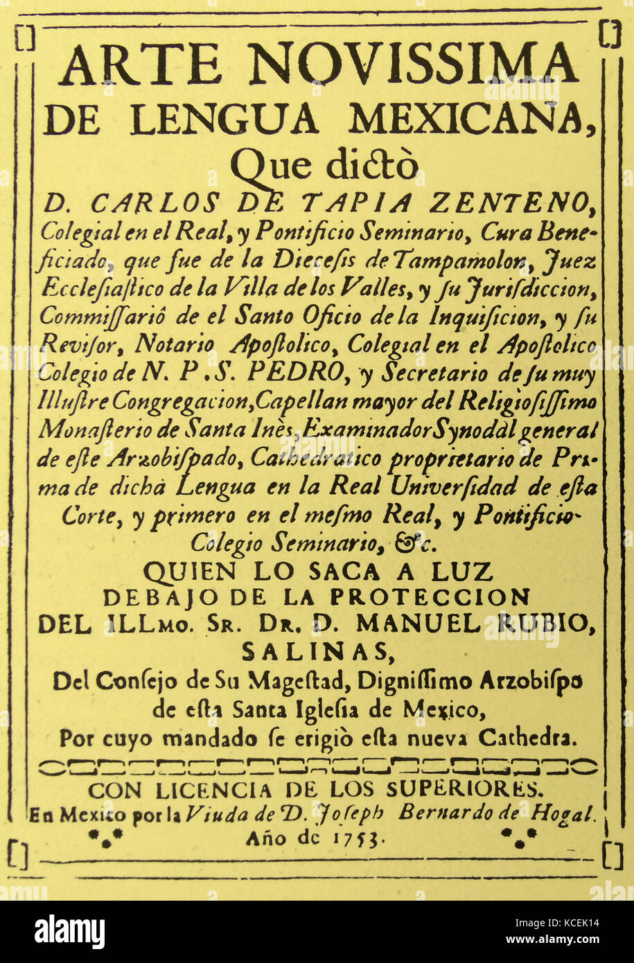 Abdeckung des'Arte novissima de lengua Mexicana", was übersetzt "Mexiko: Witwe von Joseph Bernardo de Hogal'. Vom 18. Jahrhundert Stockfoto