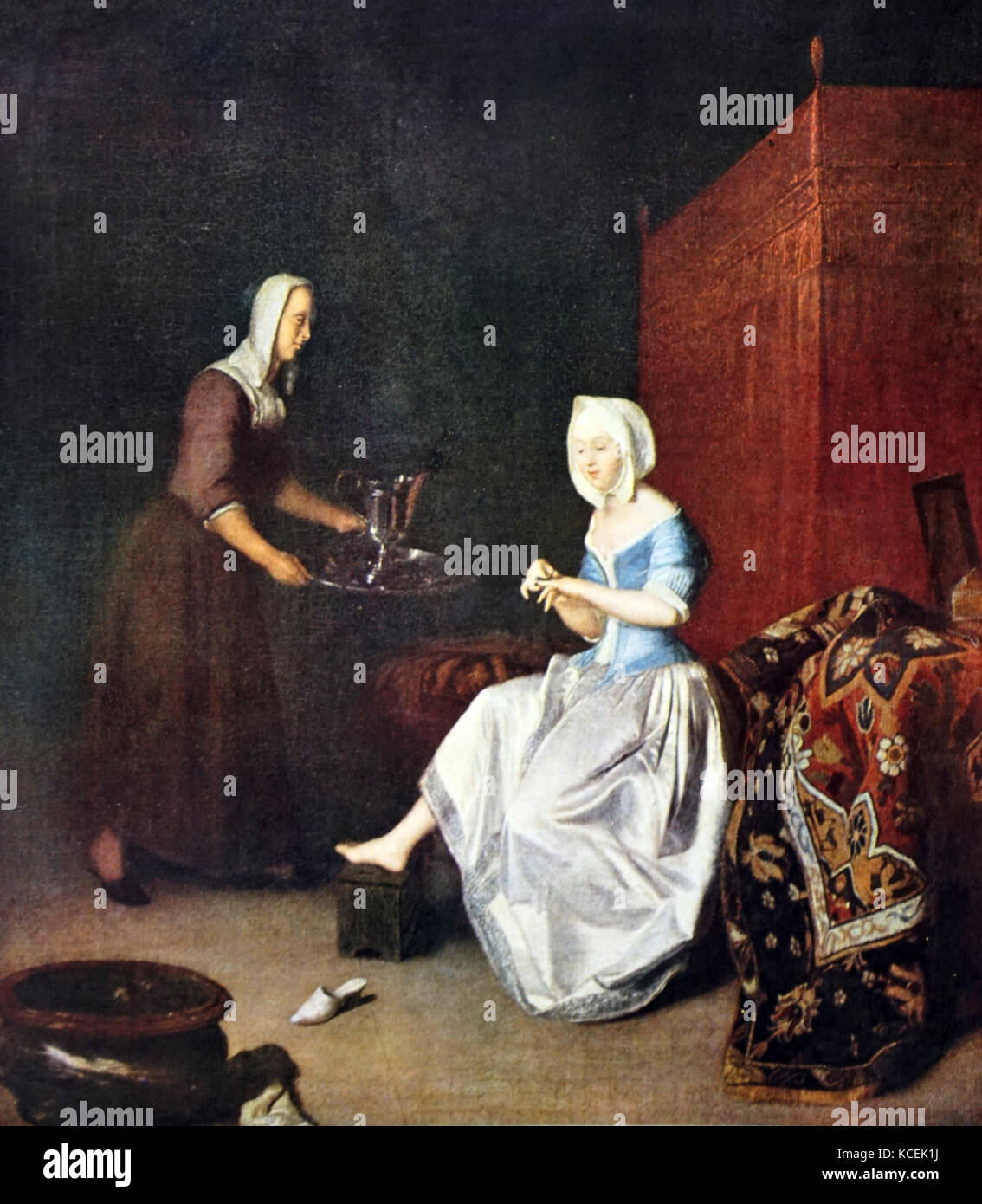 Gemälde mit dem Titel 'eine Dame an Ihre Toilette' von Jacob Ochtervelt (1634-1682), einem niederländischen Goldenen Zeitalter Maler. Vom 17. Jahrhundert Stockfoto