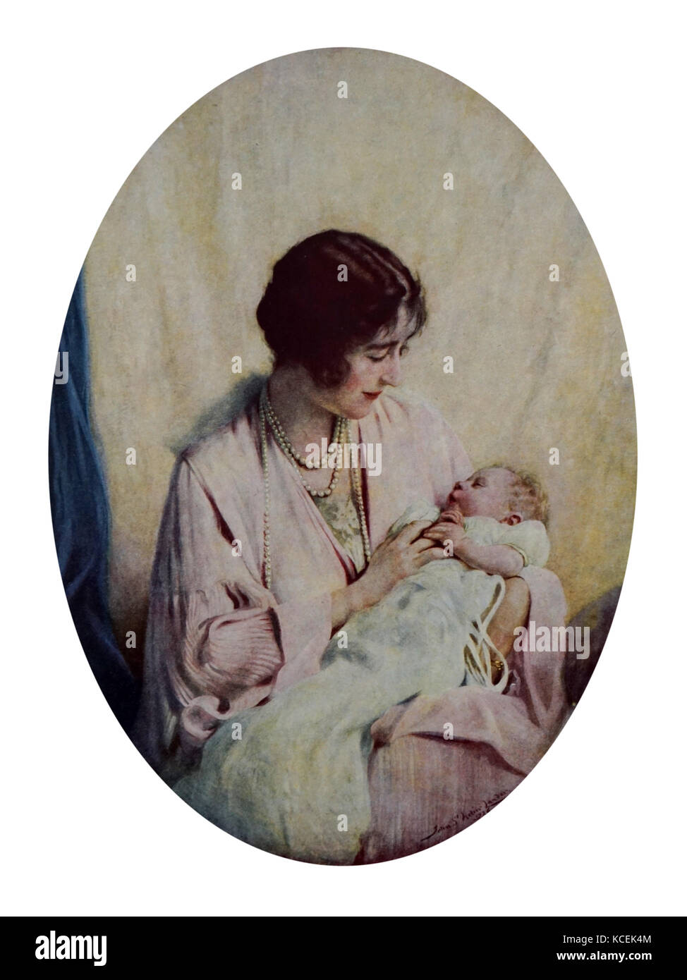 Portrait der Königin Elizabeth Königin Mutter mit einem Kleinkind Prinzessin Elizabeth, später Königin Elizabeth II (1926-). Vom 20. Jahrhundert Stockfoto