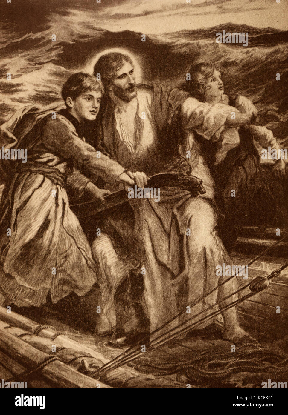 Gemälde der Darstellung Jesu Christi helfen, ein junger Mann durch die rauhen Gewässer während eines Sturms navigieren. Stockfoto