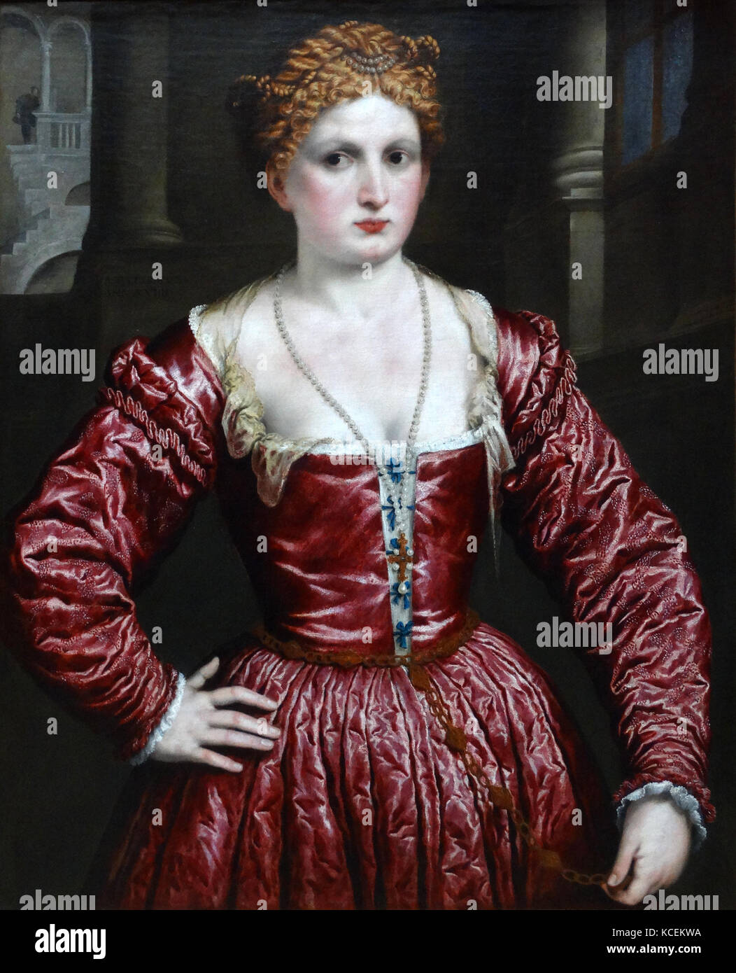 Gemälde mit dem Titel "Portrait einer jungen Frau" von Paris Bordone (1500-1571) ein italienischer Maler der venezianischen Renaissance. Vom 16. Jahrhundert Stockfoto