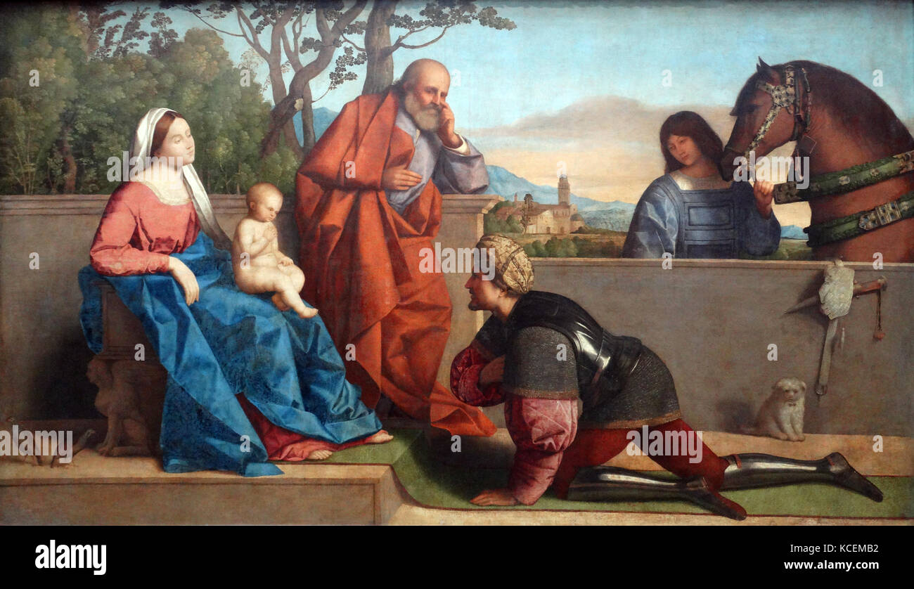 Gemälde mit dem Titel "Ein Krieger, den anzubeten, den Säugling Christus und die Jungfrau" von Vincenzo Catena (1470-1531) ein italienischer Maler der Renaissance venezianischen Schule. Vom 16. Jahrhundert Stockfoto