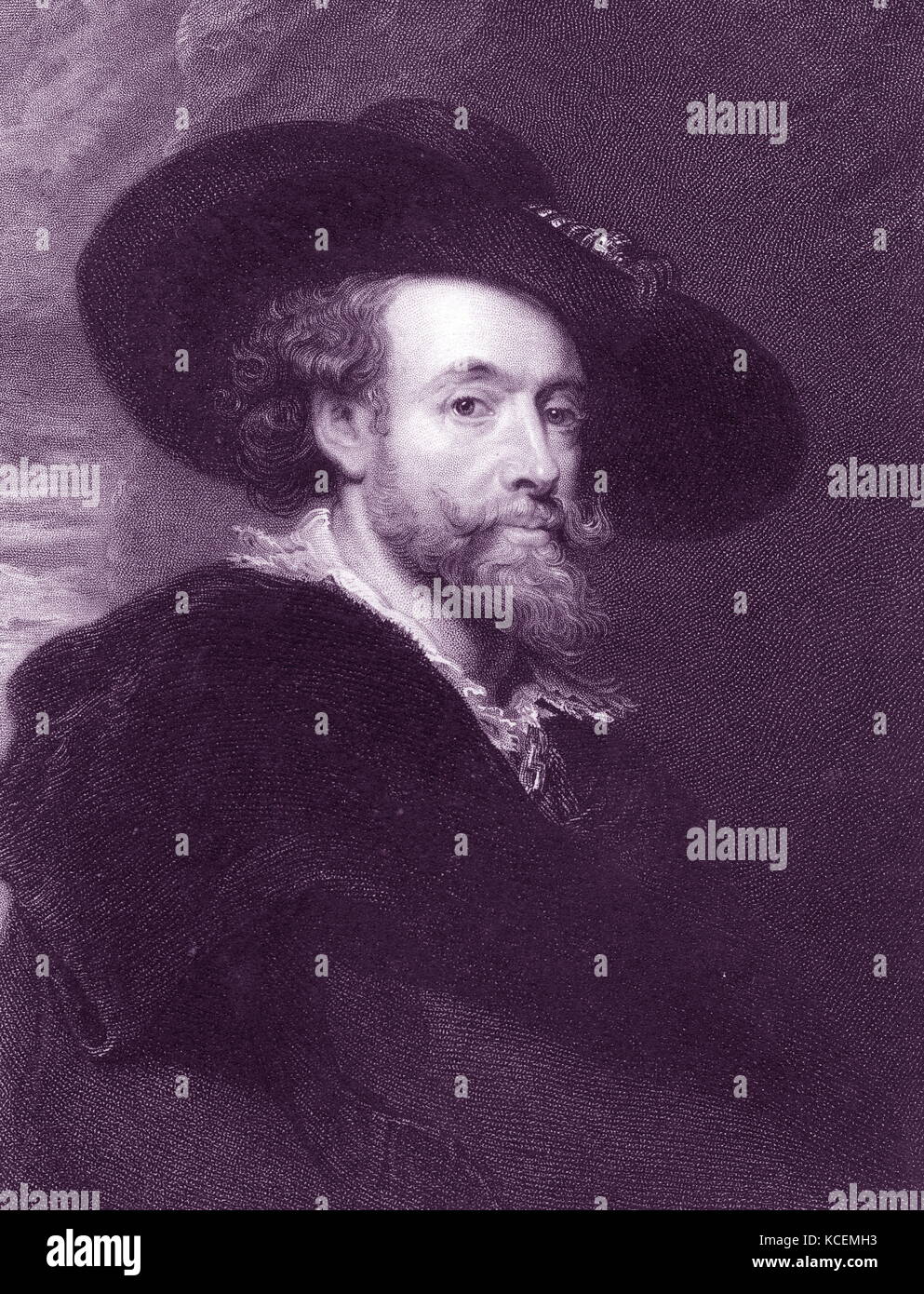 Graviert self portrait von Sir Peter Paul Rubens (1577 - 1640) Flämisch-niederländischen Zeichner und Maler. Als die wichtigsten Künstler des flämischen Barock kunst Schule betrachtet. Ein Befürworter eines extravaganten Barocken Stil, Bewegung, Farbe hervorgehoben und Sinnlichkeit, Stockfoto