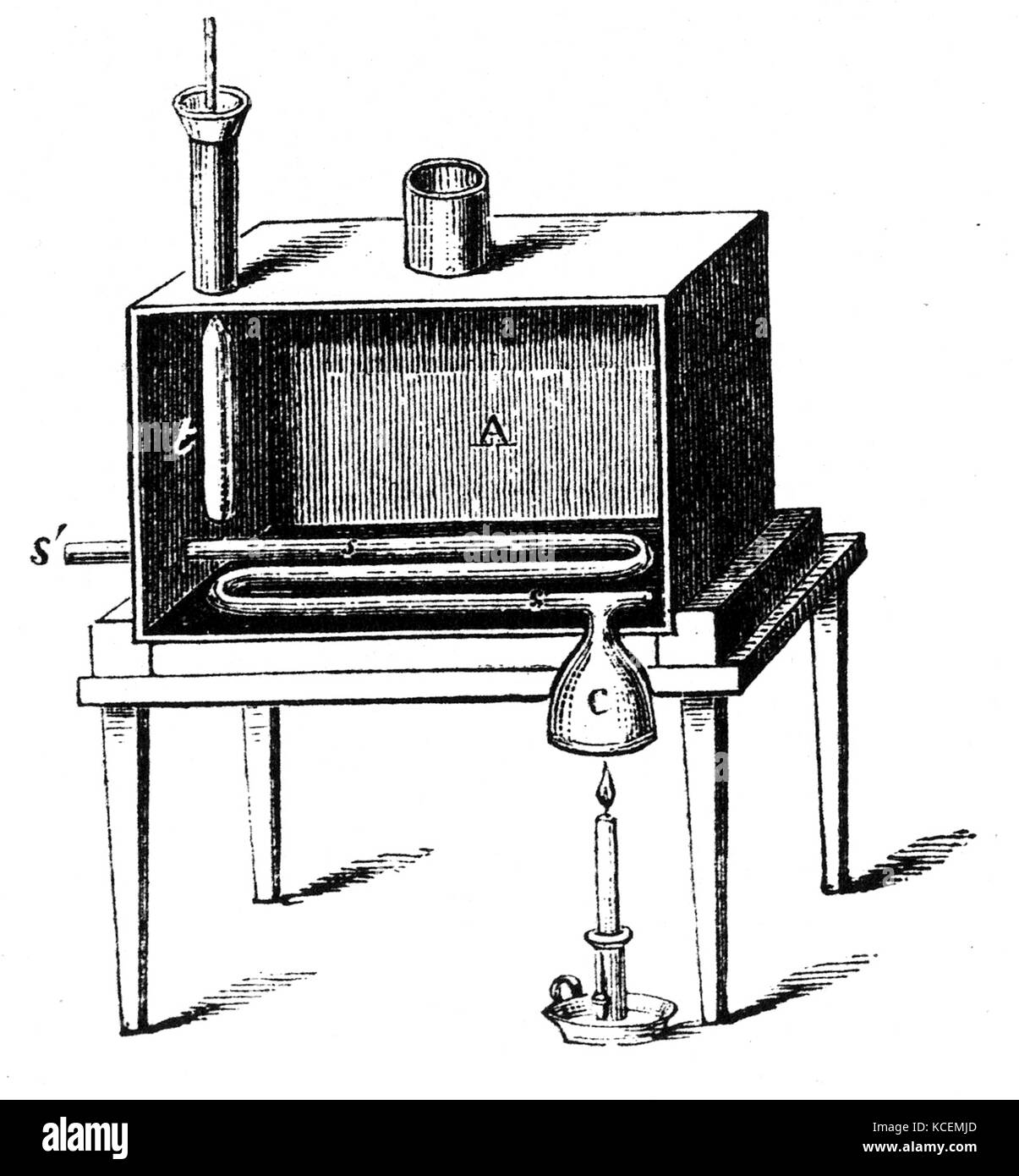 Rumford des Kalorimeters, verwendet, um die Menge an Wärme, die durch Verbrennung entstehen zu bestimmen. Von einem Print 1887. Benjamin Thompson, Graf von Rumford (1753-1814), Anglo-amerikanische Wissenschaftler und Administrator Stockfoto
