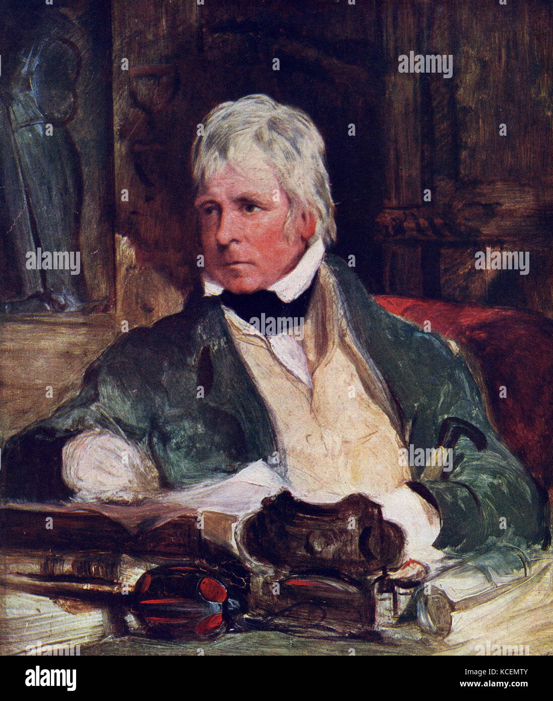 Sir Walter Scott, 1 Bt, von Sir Edwin Henry Landseer, ca. 1824 Öl auf Leinwand. Sir Walter Scott, 1st Baronet, FRSE (15. August 1771 - 21. September 1832) war ein schottischer historische Romancier, Dramatiker und Dichter. Viele seiner Werke bleiben Klassiker der englischen Literatur und der Schottischen Literatur. Berühmte Titel schließen Ivanhoe, Rob Roy, Alte Sterblichkeit, die Dame vom See, Waverley, das Herz von Midlothian und die Braut von lammermoor. Stockfoto