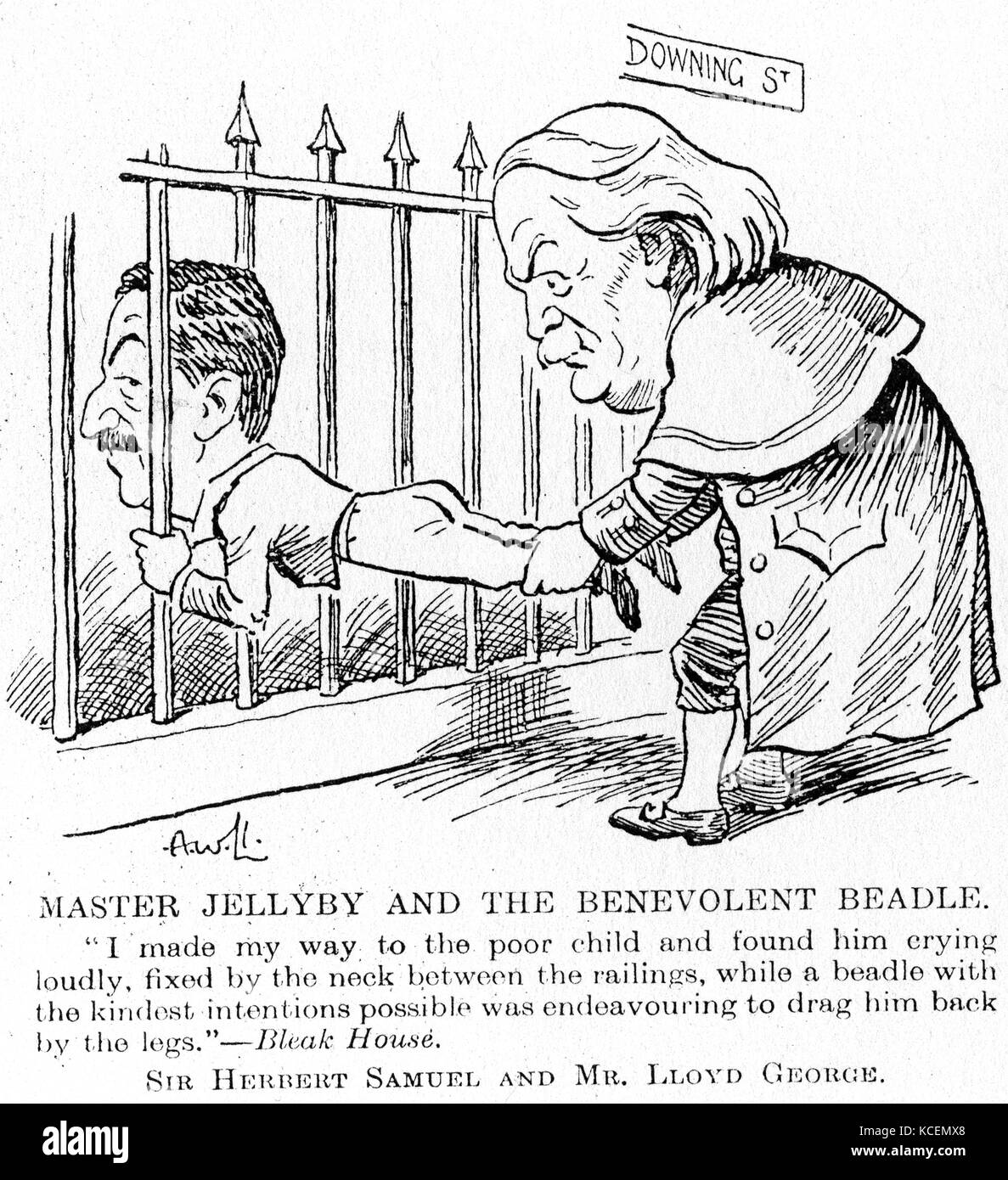 David Lloyd-George (1863-1945), englischer liberaler Politiker, Rettung Herbert Samuel (1870-1063), liberaler, von Downing Street Nr.10. Samuel 'links Ramsay MacDonald's Coalition, in dem er Home Secretary, Ende 1932. Punch, London, 1932 Stockfoto