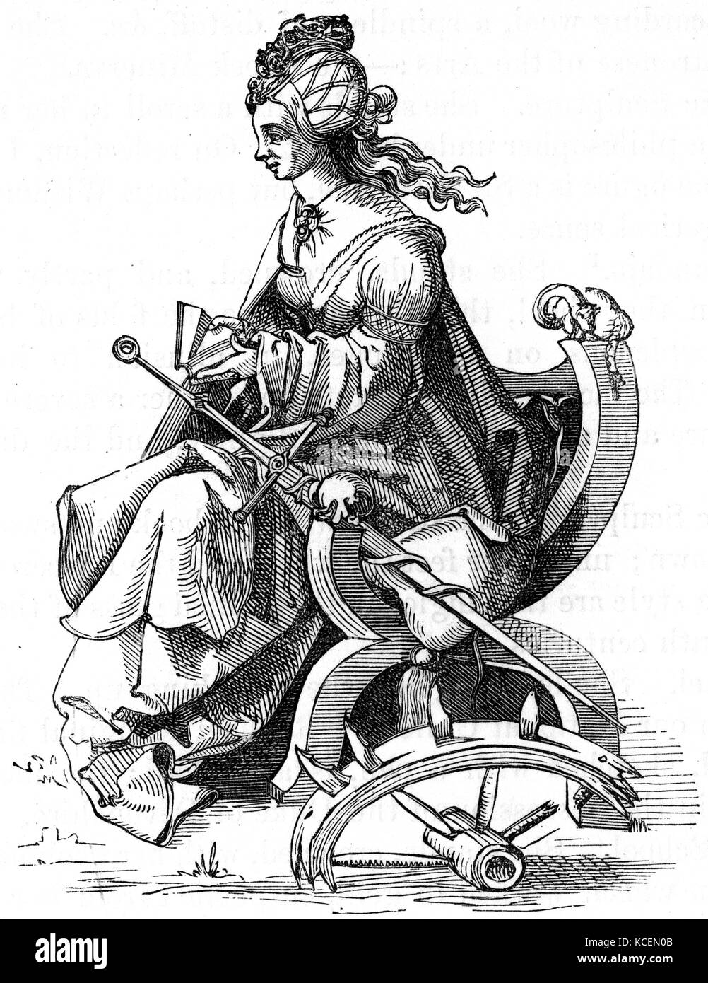 Albrecht Dürer's Interpretation des Martyriums der Hl. Katharina von Alexandria, auch als Hl. Katharina von das Rad bekannt war, nach der Tradition, ein christlicher Heiliger und Jungfrau, die im frühen 4. Jahrhundert in den Händen der heidnischen Kaiser Maxentius gemartert wurde. Stockfoto