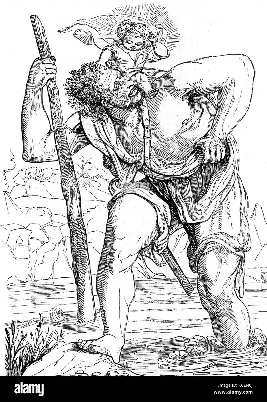 Saint Christopher eine christliche Märtyrer in der Regierungszeit der 3. getötet - Jahrhundert der Römische Kaiser Decius (regierte 249-251). Mythologie erzählt, dass er ein Kind durchgeführt werden, wer war ihm unbekannt, über einen Fluss, bevor das Kind sich selbst als Christus offenbart. Also, er ist der Schutzpatron der Reisenden, und kleine Bilder von ihm sind oft um den Hals getragen, auf einem Armband, in einer Tasche oder in Fahrzeugen von Christen gelegt. Stockfoto