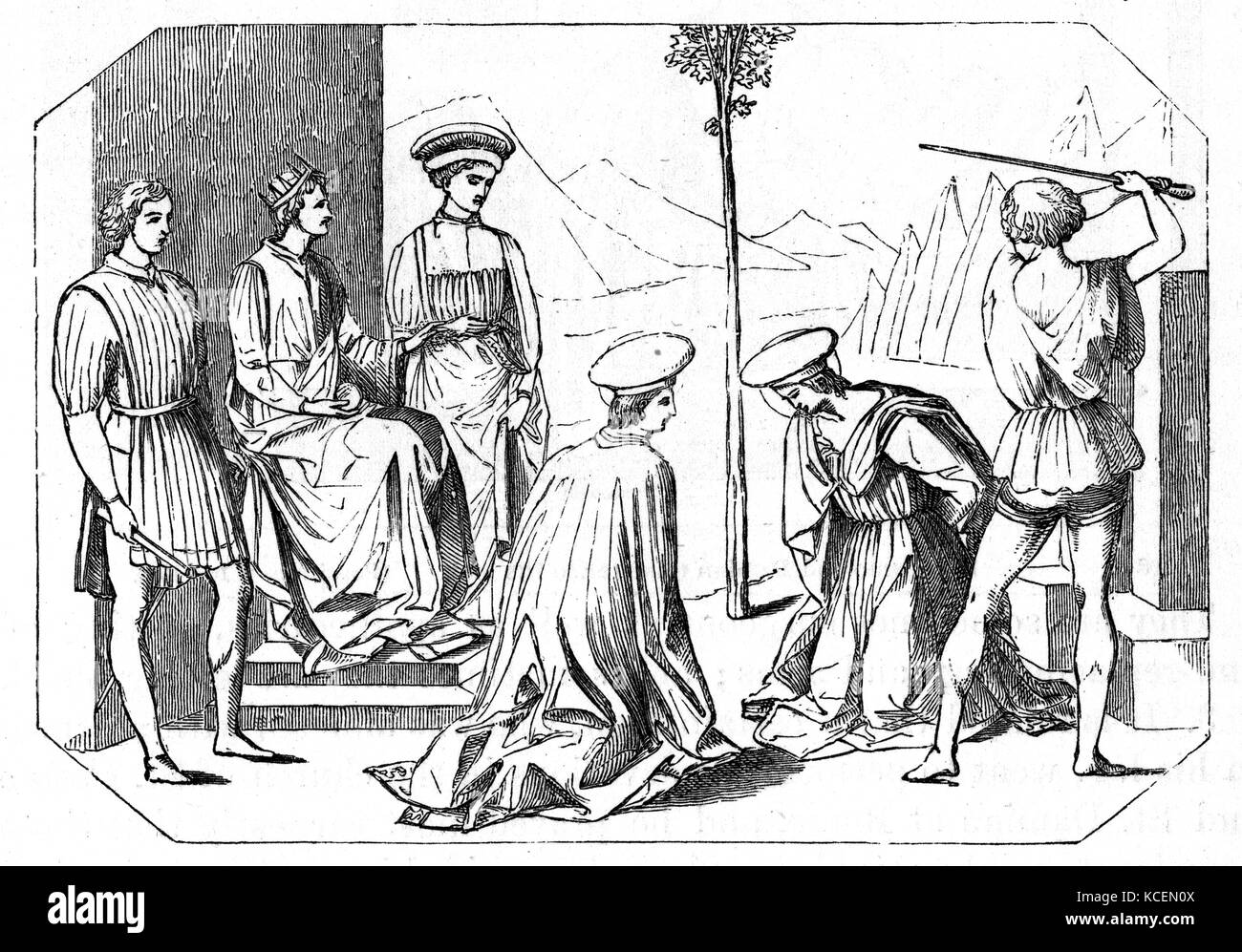 Das Martyrium der Hl. Katharina von Alexandria, wie sie von Bären zum Berg Sinai getragen wird. Die hl. Katharina mit dem Rad war, je nach Tradition, ein christlicher Heiliger und Jungfrau, die im frühen 4. Jahrhundert in den Händen der heidnischen Kaiser Maxentius gemartert wurde. Stockfoto