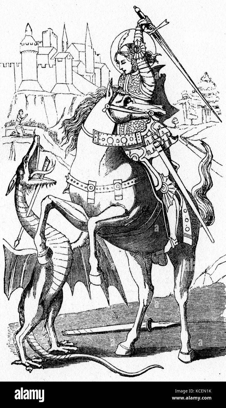 Saint George (AD 275 - 281 bis 303), römischer Soldat, für nicht um seinen christlichen Glauben zu widerrufen gemartert, Kampf gegen einen Drachen Stockfoto