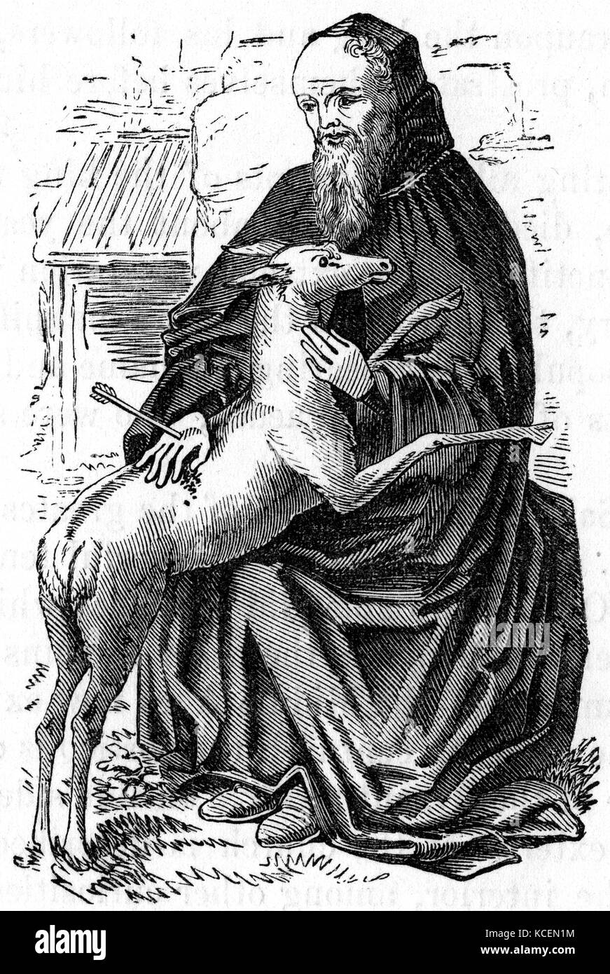 Saint Giles (650 AD-C. 710), auch als Giles der Einsiedler bekannt, war eine Griechische, Christian, Einsiedler Saint aus Athen, dessen Legende galoppierte ist in der Provence und Septimania. Giles gründete die Abtei in Saint-Gilles-du-Gard, deren Grab wurde zu einem Wallfahrtsort. Stockfoto