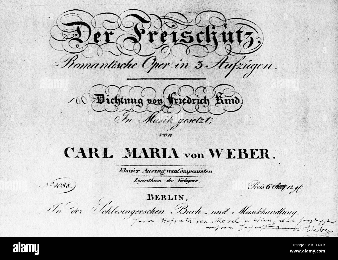 Titelseite der Deutschen Oper 'Der Freischütz' (Shooter) von Carl Maria von Weber (1786-1826) ein deutscher Komponist, Dirigent, Pianist, Gitarrist, und Kritiker. Vom 19. Jahrhundert Stockfoto