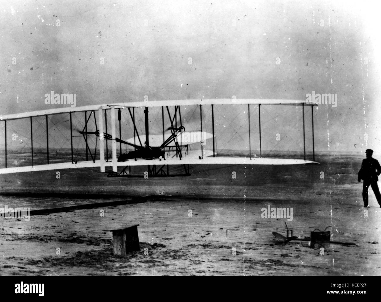 Foto während der erste Flug der Brüder Wright. Vom 20. Jahrhundert Stockfoto