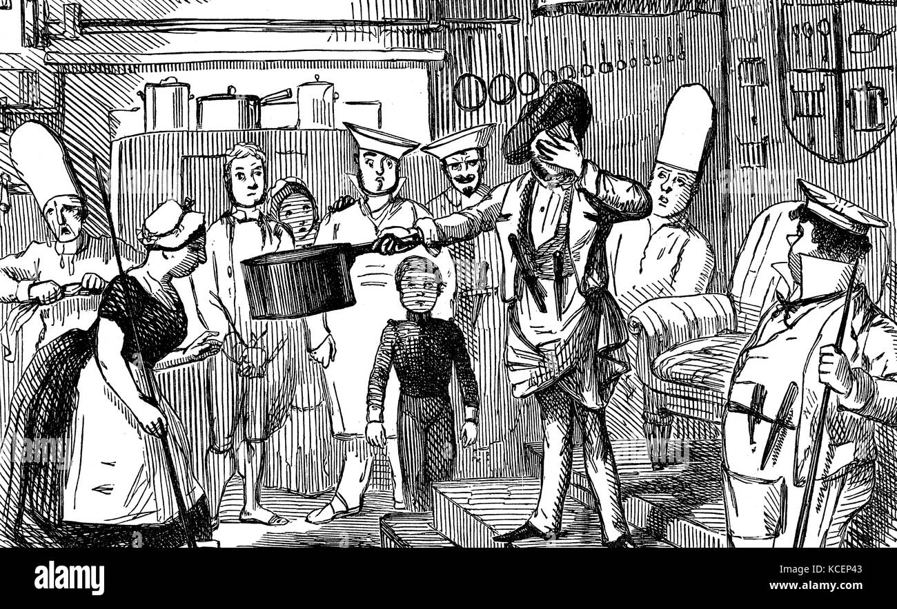 Punch Cartoon Illustration mit der Darstellung der berühmten Küchenchef Soyer, nachdem er als Chef der Reform Club in London zurückgetreten. Vom 19. Jahrhundert Stockfoto
