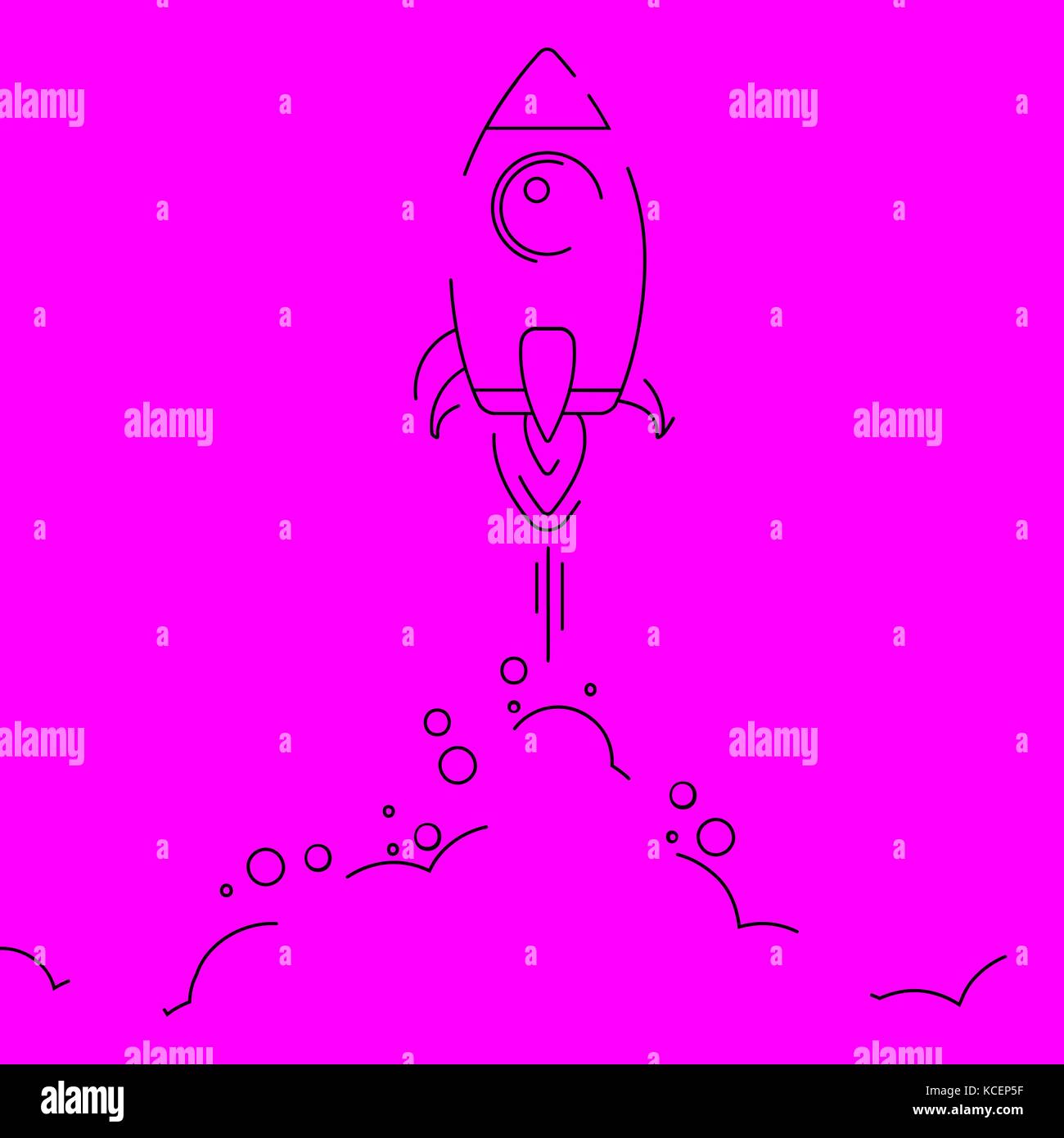 Minimalistischer Rocket Launch line-Symbol. Rakete Abbildung mit Wolken, Platz und starten Sie Feuer, Line Art. Stock Vektor