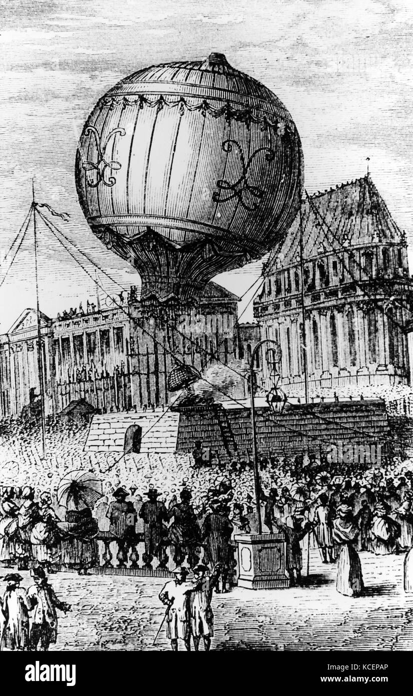 Kupferstich von Wasserstoff Ballon durch die Brüder Montgolfier konzipiert. Joseph-Michel Montgolfier (1740-1810) und Jacques-Étienne Montgolfier (1745-1799) Erfinder der Montgolfier im Heißluftballon, Globus aérostatique. Vom 18. Jahrhundert Stockfoto