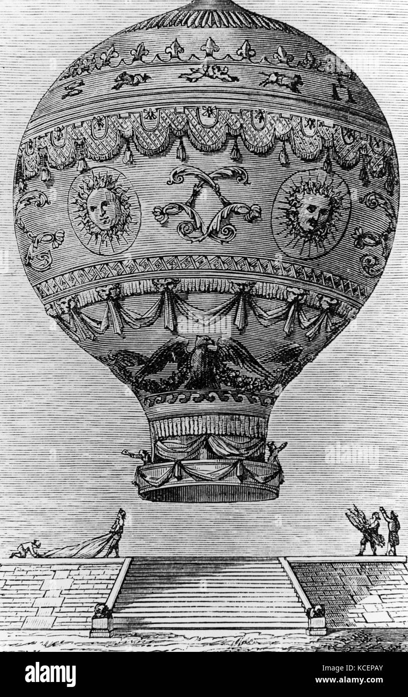 Kupferstich von Wasserstoff Ballon durch die Brüder Montgolfier konzipiert. Joseph-Michel Montgolfier (1740-1810) und Jacques-Étienne Montgolfier (1745-1799) Erfinder der Montgolfier im Heißluftballon, Globus aérostatique. Vom 18. Jahrhundert Stockfoto