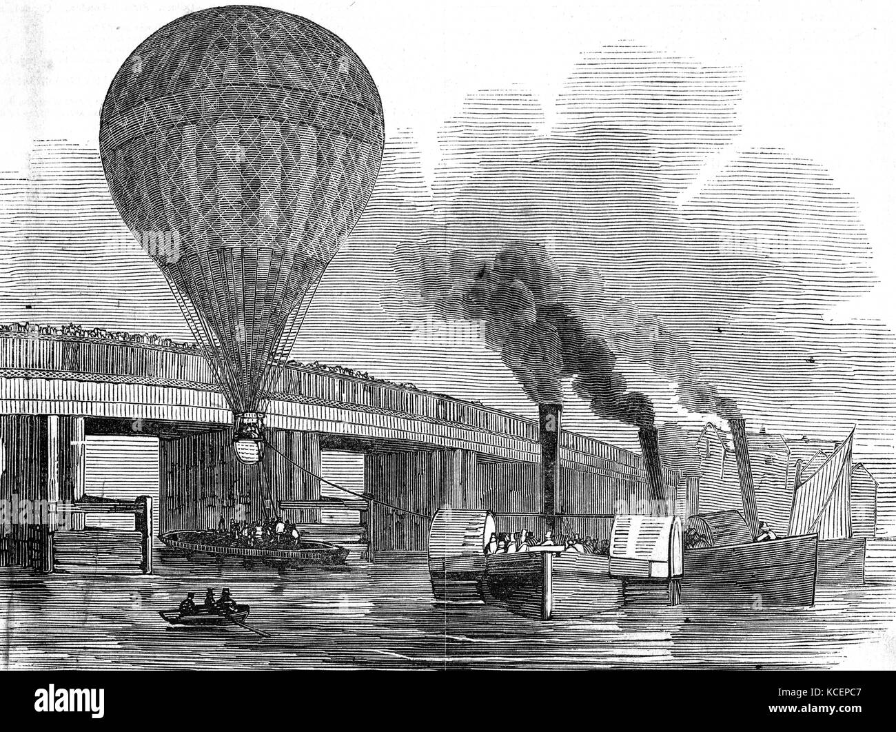 Abbildung: Darstellung von Charles Green Ballon geschleppt wird die Themse. Charles Green (1785-1870) eine britische Ballonfahrer. Vom 19. Jahrhundert Stockfoto