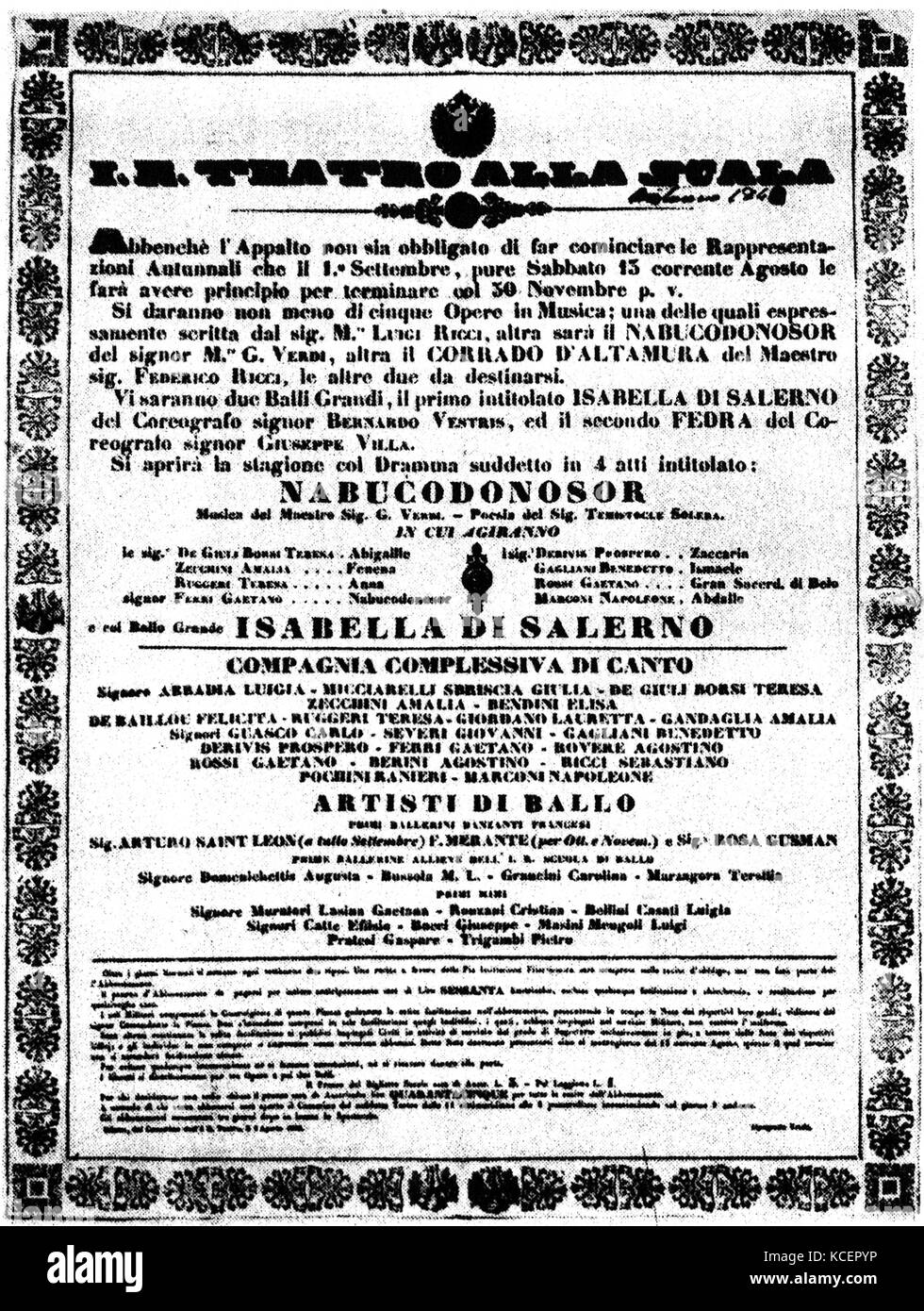 Plakat für die Herbstsaison im La Scala für das Jahr 1842. Vom 19. Jahrhundert Stockfoto