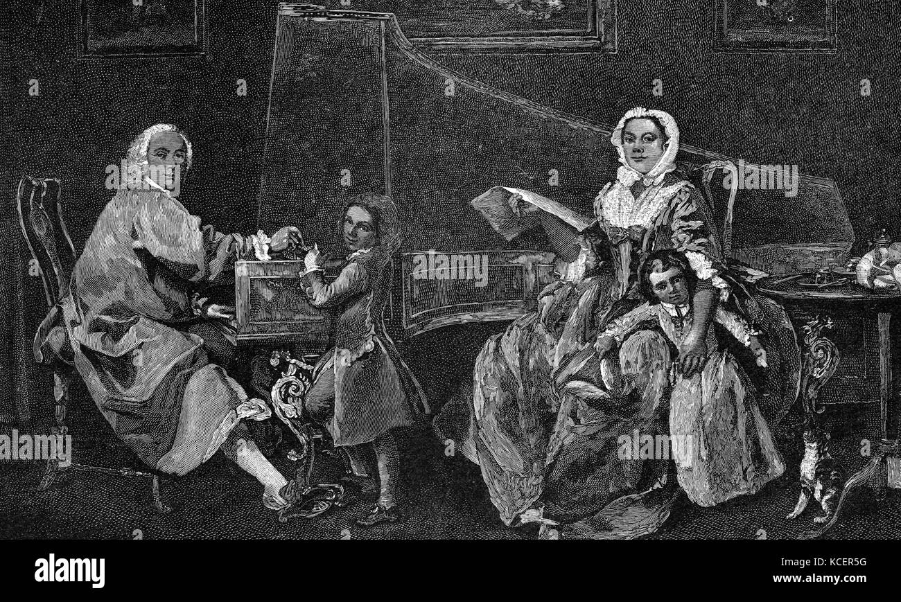 Gemälde mit dem Titel "Die Shudi Familie Gruppe' von Marcus Tuscher (1705-1751) ein Deutsches geborenen Dänischen Universalgelehrten, Portrait Maler, Grafiker, Architekt und Maler des Barock. Vom 18. Jahrhundert Stockfoto