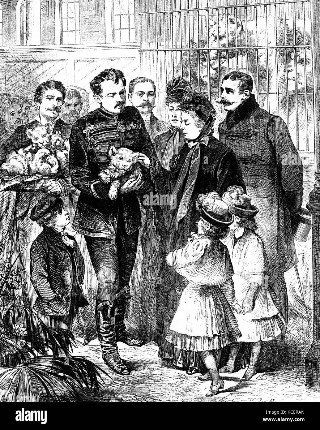 Kupferstich mit der Darstellung der königlichen Besuch von Königin Victoria (1819-1901) mit einigen ihrer Enkel, in den Zirkus in Olympia, London. Vom 19. Jahrhundert Stockfoto