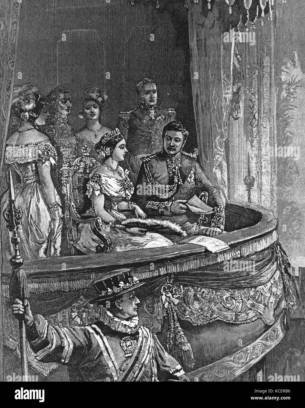 Kupferstich mit der Darstellung der königlichen Besuch von Königin Victoria (1819-1901) und Prinz Albert (1819-1861) bis zur Oper. Vom 19. Jahrhundert Stockfoto