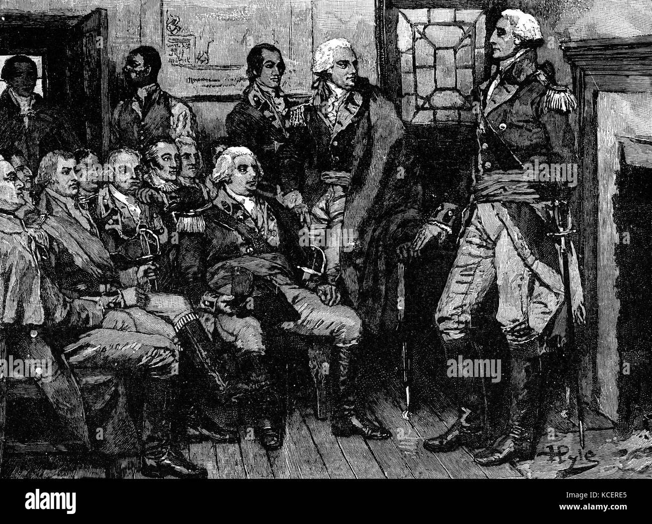 Gravur mit George Washington (1732-1799) ein US-amerikanischer Politiker, Soldaten und der erste Präsident der Vereinigten Staaten, Treffen mit seiner Generäle. Vom 18. Jahrhundert Stockfoto