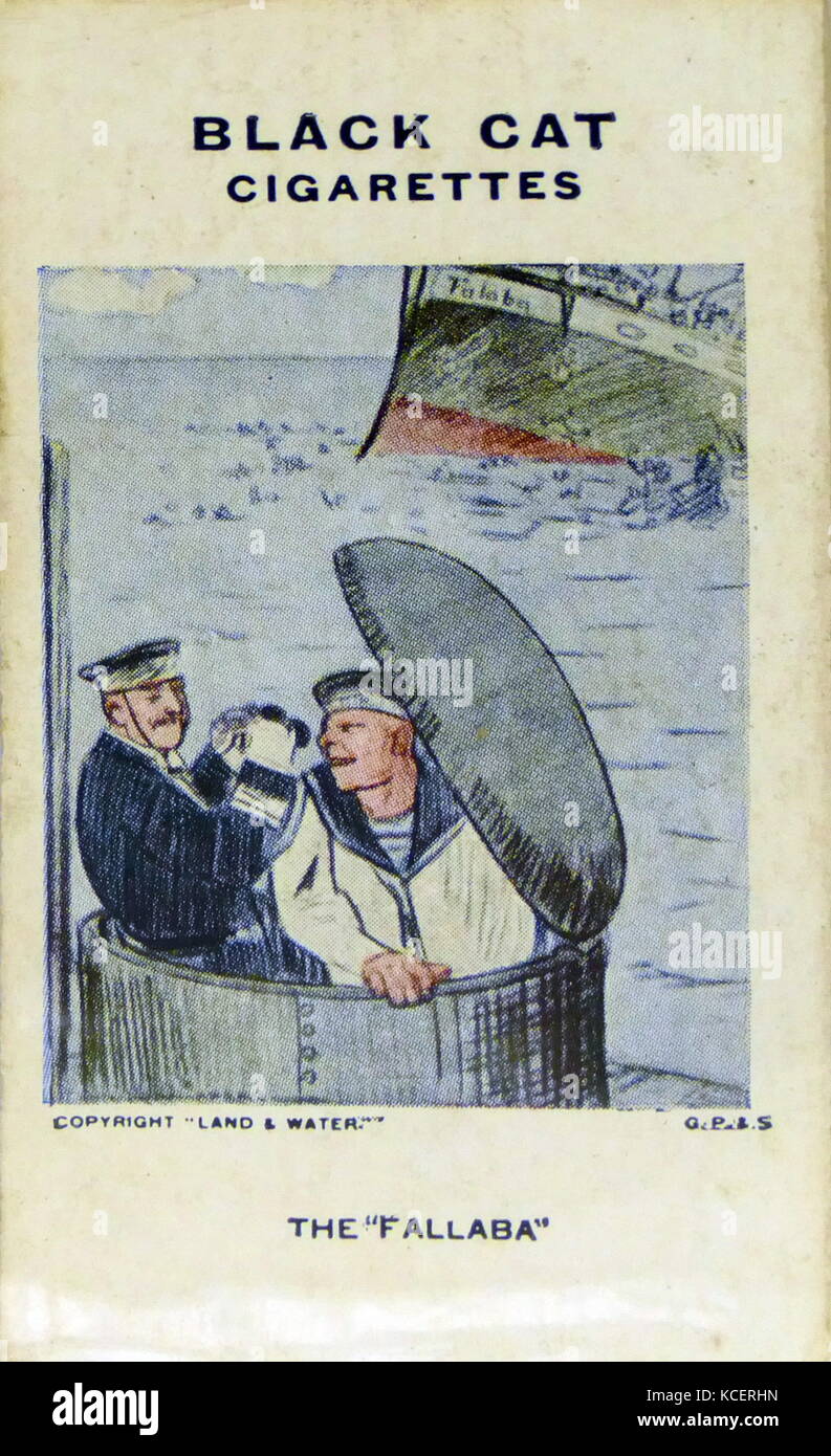 Schwarze Katze Zigaretten, Erster Weltkrieg, Propaganda Karte Übersicht: Deutsches U-Boot Sinken eines Schiffes Stockfoto