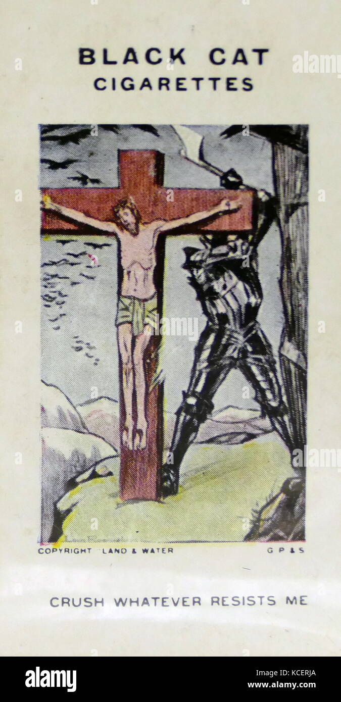 Schwarze Katze Zigaretten, Erster Weltkrieg, Propaganda Karte zeigt: eine Deutsche Teutonic Knight Angriff auf alles, einschließlich eines gekreuzigten Christus Stockfoto