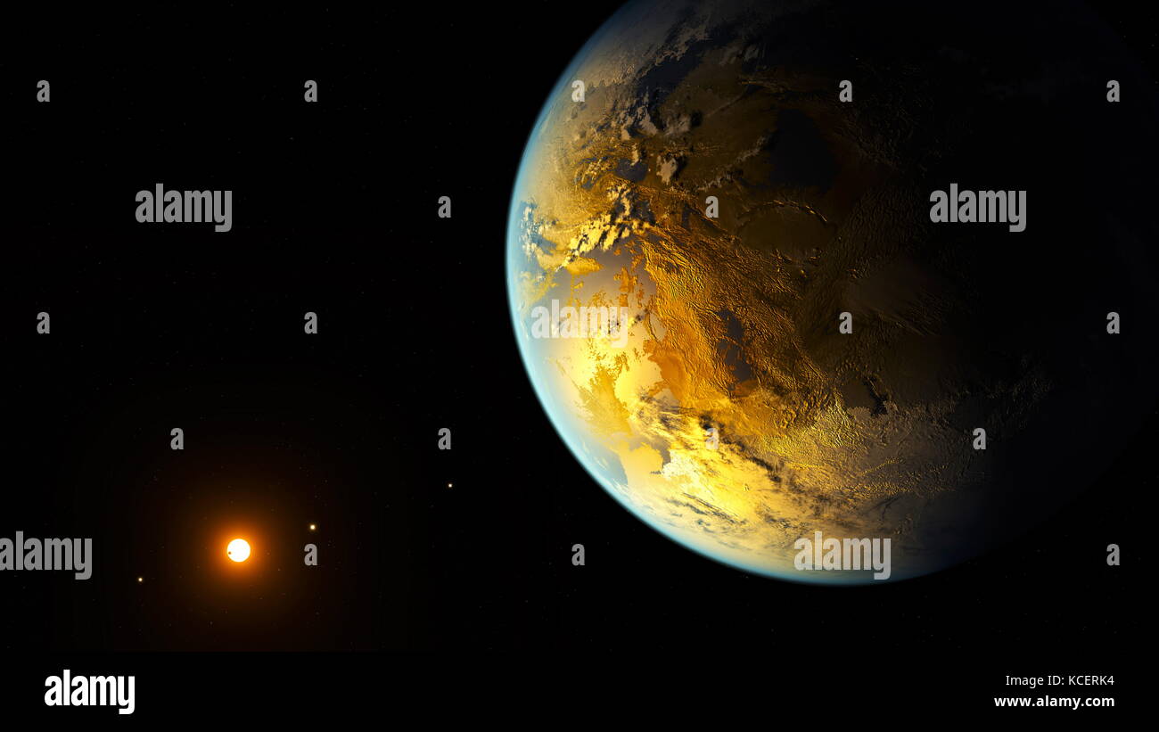 Kepler-186 f (auch durch seine Kepler Objekt von Interesse Bezeichnung KOI -571.05 bekannt) ist ein exoplanet umkreist den Roten Zwerg Kepler-186, ca. 560 Lichtjahre (171 Parsec, oder fast 5.298×1015 km) von der Erde. Es ist der erste Planet mit einem Radius ähnlich der Erde in der habitablen Zone eines anderen Stern entdeckt zu werden. 2014 Stockfoto