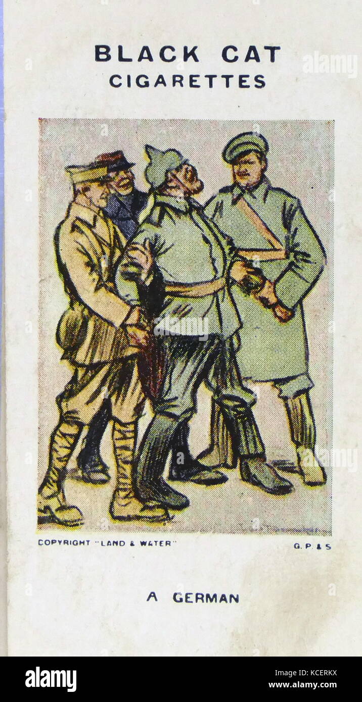 Schwarze Katze Zigaretten, Erster Weltkrieg, Propaganda Karte zeigt: triple Alliance (Russland, Großbritannien und Frankreich ein deutscher Soldat Stockfoto