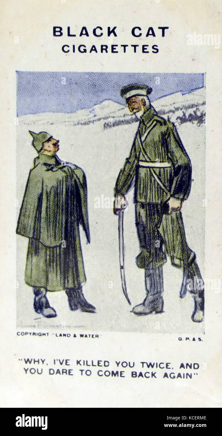 Schwarze Katze Zigaretten, Erster Weltkrieg, Propaganda Karte Übersicht: Kaiser Wilhelm II. von Deutschland herausgefordert durch die unverwüstliche Peter I. von Serbien Stockfoto