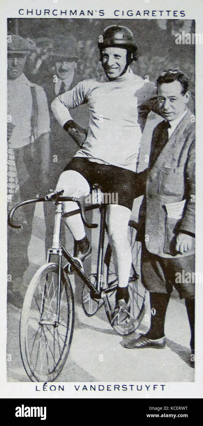 Zigarette Karte Übersicht: Léon Vanderstuyft (5. Mai 1890 - vom 26. Februar 1964), ein belgischer Radfahrer. Er drehte Fachmann und gewann eine Silber- und eine Goldmedaille im 1910 und 1922. Stockfoto