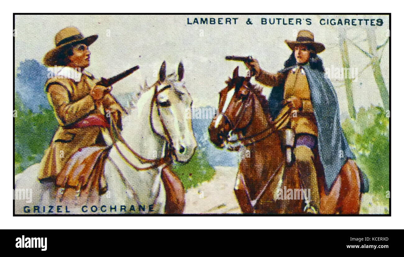 Zigarette Karte Übersicht: Grizel Cochrane gespeichert das Leben ihres Vaters, indem er sein Todesurteil. Grizel Cochrane in der Verkleidung. Für mehr als einen Monat, Sir John Cochrane gelegen in der Mautstelle Gefängnis in Edinburgh zum Tode verurteilt. Er war nach der Teilnahme an einem erfolglosen Aufstand gegen den ungeliebten König James II. gefangen Sein Tod - rechtfertigen, persönlich unterschrieben von James, war auf dem Weg von London nach Edinburgh. Es wurde von einem Briefträger auf dem Pferderücken gebracht. Stockfoto