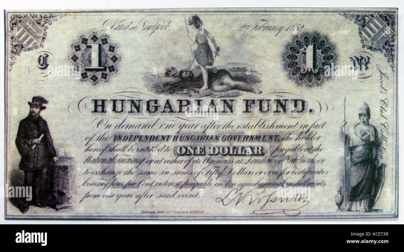 Ungarische Fonds 1 $ Banknote 1852. Louis Kossuth, ungarischer Patriot und Präsident der ersten Ungarischen Republik der Unabhängigkeitskrieg 1848/49 verloren und der von ihnen ausgegebenen "Notes im Exil zu Kapital für eine Rückkehr nach Ungarn. Dieser Hinweis wurde in den Vereinigten Staaten ausgestellt. Stockfoto