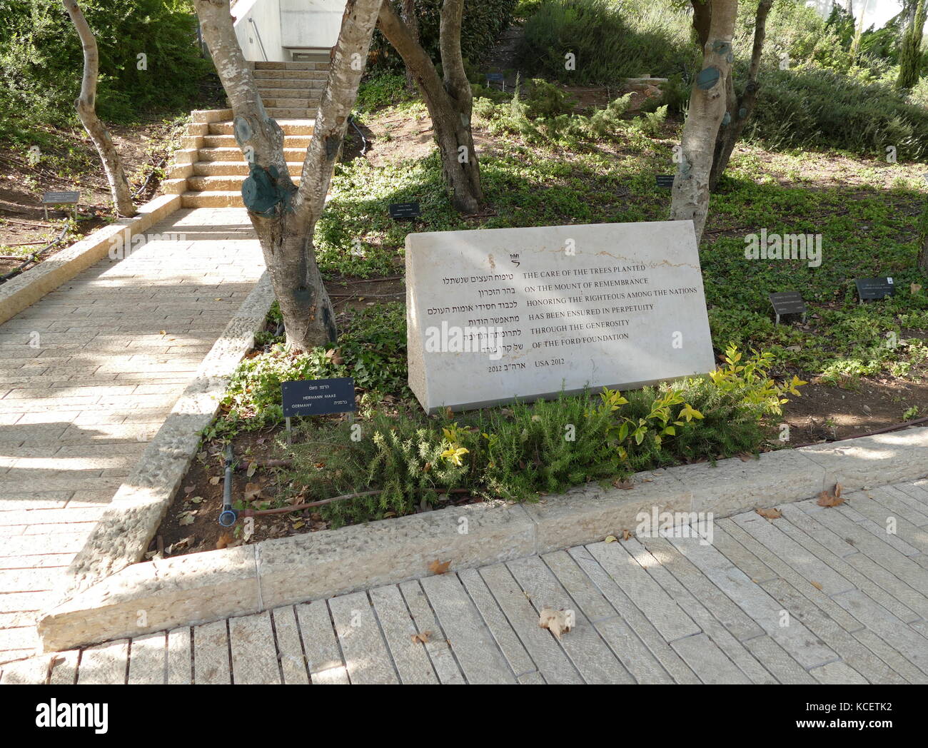 Ford Stiftung Denkmal in der Allee der Gerechten unter den Völkern, Yad Vashem, Jerusalem (Israel). Bäume sind rund um die Yad Vashem Website zu Ehren jener nicht gepflanzt - Juden, die ihr eigenes Leben riskieren, gespeichert Juden während des Holocaust. Stockfoto