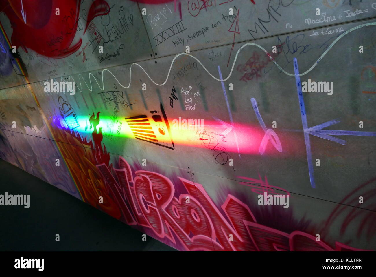 Ein Spektrum von farbigem Licht auf eine Wand projiziert. Ein Spektrum im Bereich der Optik, beschreibt die Farben des Regenbogens im sichtbaren Licht, als mit einem Prism getrennt. Als wissenschaftliches Verständnis von Licht erweiterte, kam es zum gesamten elektromagnetischen Spektrum anzuwenden. Stockfoto