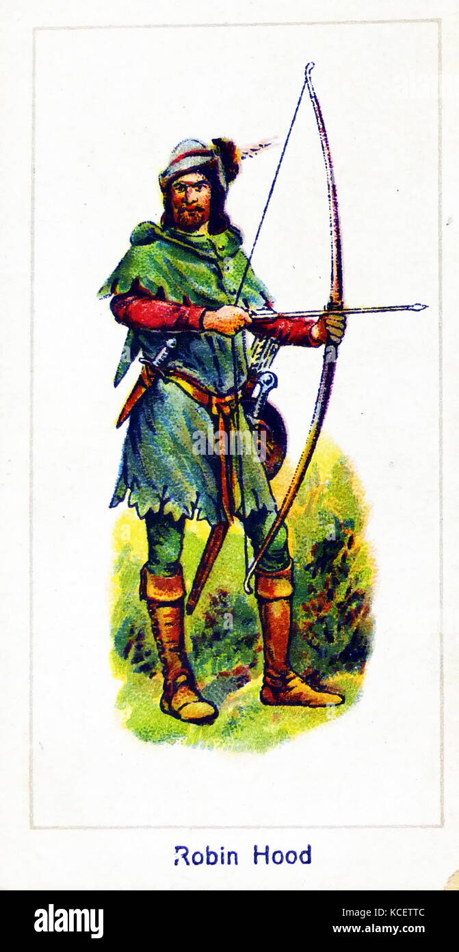 London Zigarette Unternehmenskarte 1924 Darstellung: Robin Hood ist eine heroische Outlaw in Englisch Folklore, die der Legende nach, war ein in hohem Grade erfahrenen Bogenschützen und Schwertkämpfer. Traditionell wie in Lincoln gekleidet werden grün dargestellt Stockfoto