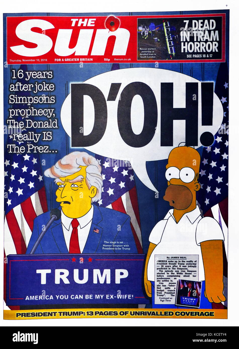 D'oh!" Schlagzeile in der britischen Zeitung "Vordere Seite der Sonne", 10. November 2016. Nach der Wahl von Donald Trump als Präsident der Vereinigten Staaten. Zeigt Homer Simpson die Zeichentrickfigur bei der Wahl von Trump entsetzt. Stockfoto
