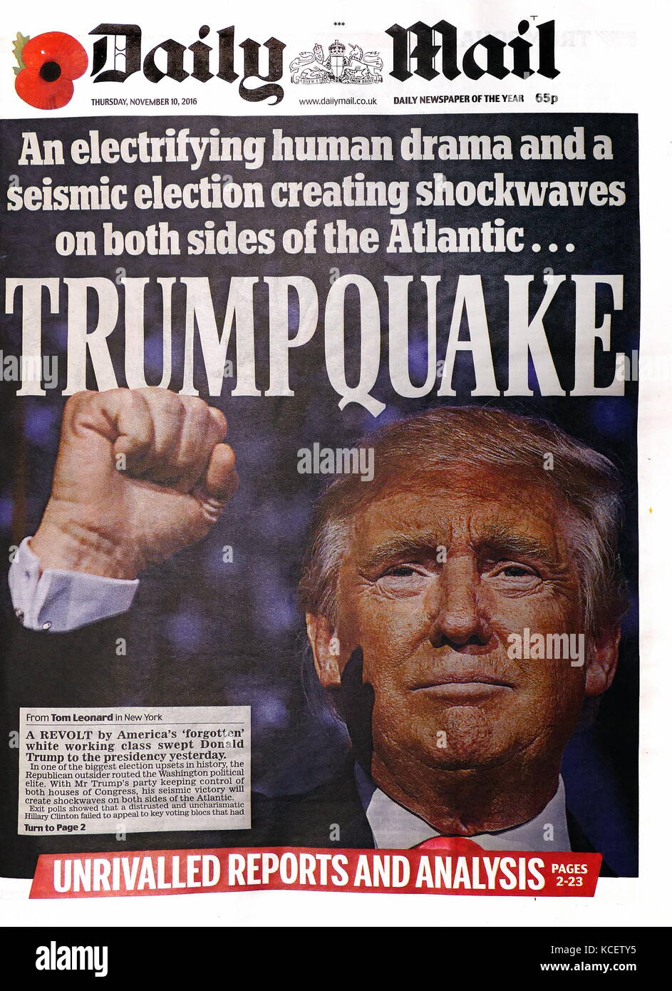 Trump Quake" Schlagzeile in der britischen Zeitung, der 'Daily Mail' Vorderseite, 10. November 2016. Nach der Wahl von Donald Trump als Präsident der Vereinigten Staaten. Stockfoto
