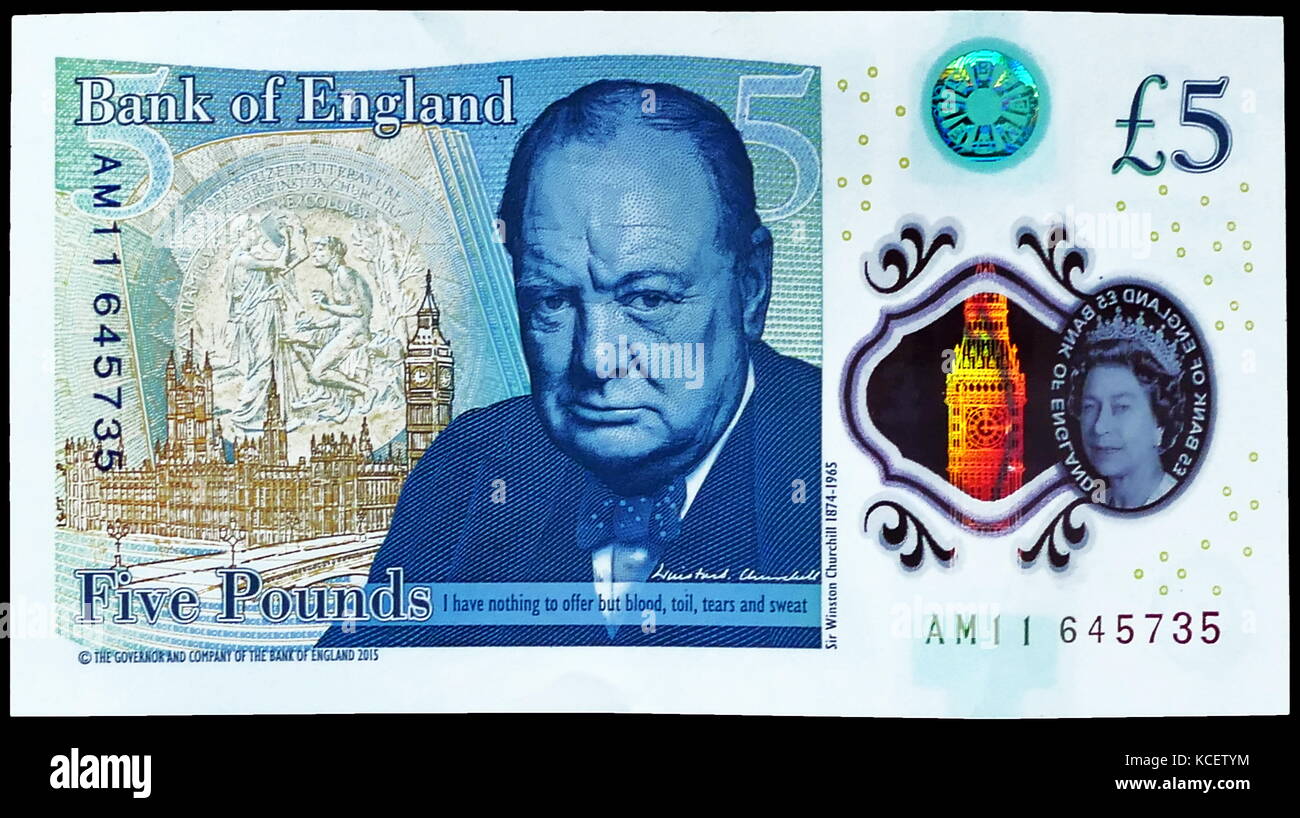 Die Bank von England £ 5 Hinweis, ist eine Banknote des Pfund Sterling. Es ist die kleinste Stückelung der Banknoten von der Bank von England ausgestellt. Im September 2016, eine neue Bank von England £ 5 polymer Hinweis, wurde eingeführt, mit dem Bild der Königin Elisabeth II. auf der Vorderseite und ein Portrait von Winston Churchill (hier gezeigt) auf der Rückseite Stockfoto