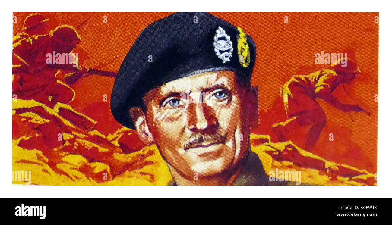 1969 Brooke Bond Sammler tee Karte, die Darstellung: Feldmarschall Bernard Law Montgomery, 1st Viscount Montgomery von Alamein, (1887-1976), der den Spitznamen 'Monthy' und dem 'Spartan', war ein älterer Offizier der britischen Armee im Ersten Weltkrieg und dem Zweiten Weltkrieg gekämpft haben. Stockfoto