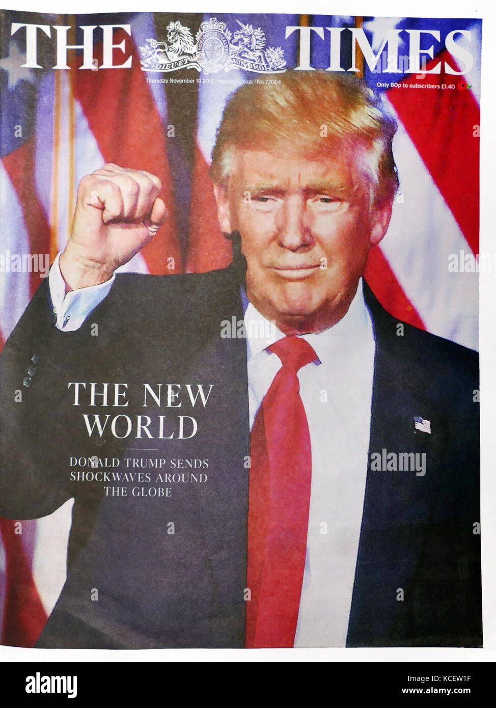 Die neue Welt" Die britische Zeitung, die "vordere Seite der Times", 10. November 2016. Nach der Wahl von Donald Trump als Präsident der Vereinigten Staaten Stockfoto