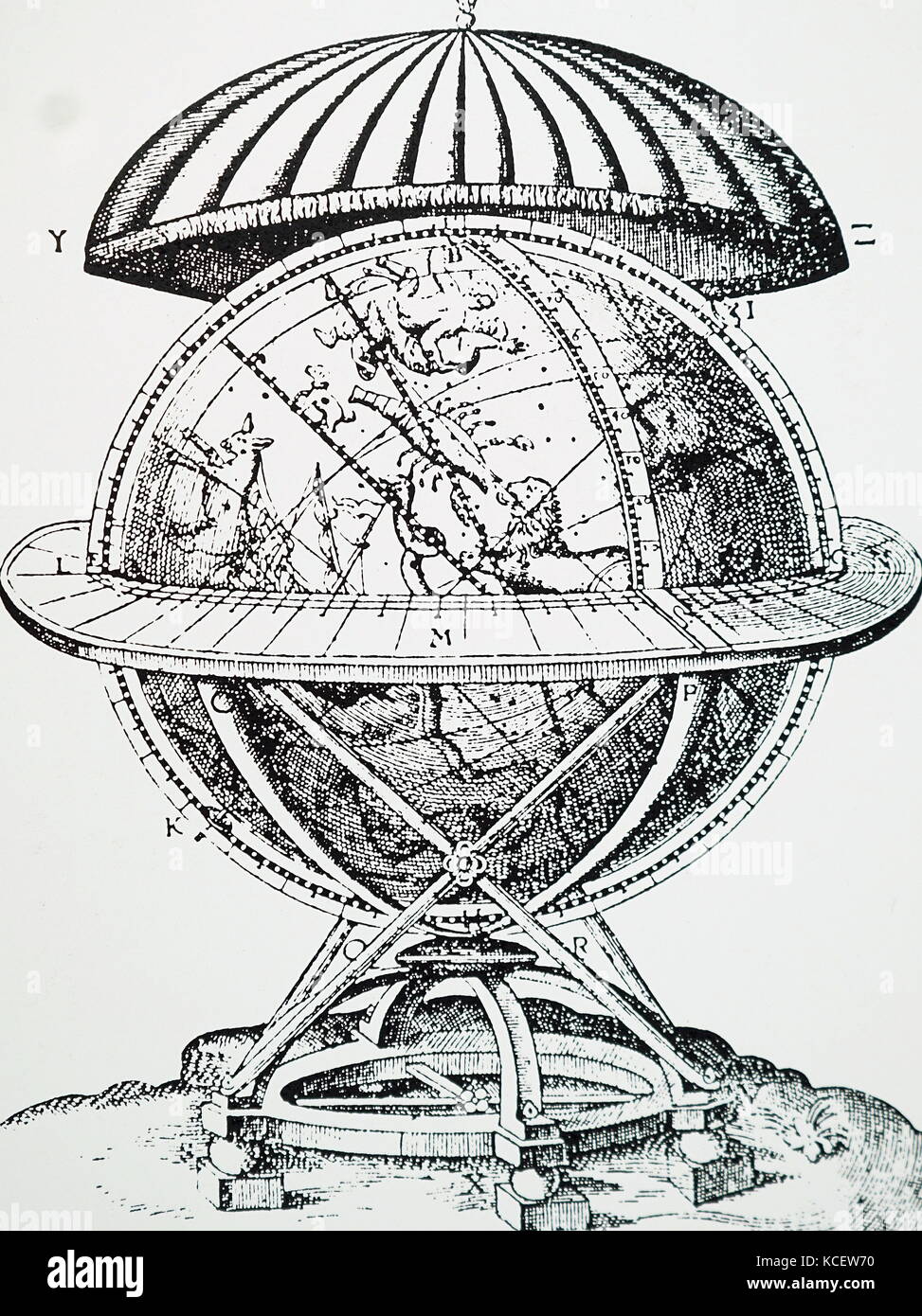 Gravur, himmlischen Tycho Brahes Globus, auf dem er gezeichnet die Positionen der Sterne beobachtete er. Tycho Brahe (1546-1601), dänischer Adeliger und Astronom. Vom 17. Jahrhundert Stockfoto